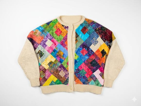 Handmade Sweaters - Handmade L Quilt Cardigan Sweater Multicolor Whimsygoth Cottage Art to Wear